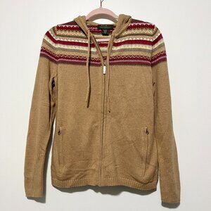 Eddie Bauer Womens Zip Up Fair Isle Hooded Sweater M Angora Tan Nordic Cabincore